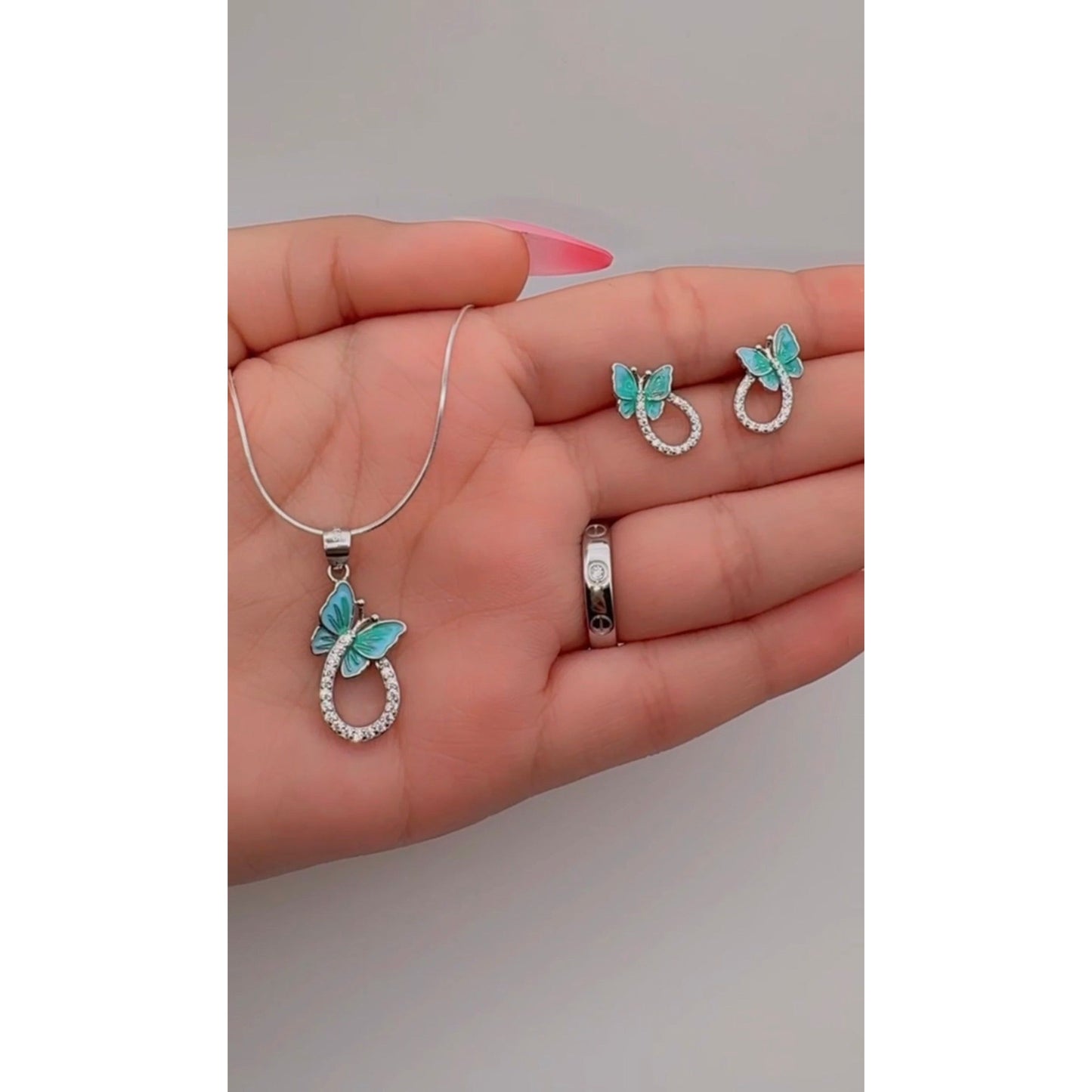 β¨ Premium Pure Silver 925 Aqua Butterfly Pendant Set π¦ | Necklace & Earrings with Crystal Elegance β¨