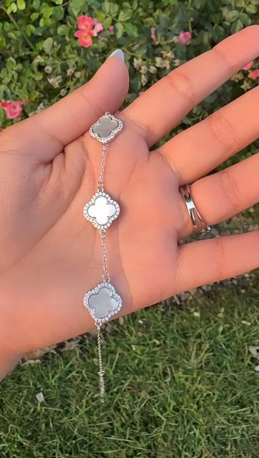 🤍 Premium 925 Silver White Clover Bracelet ✨💎