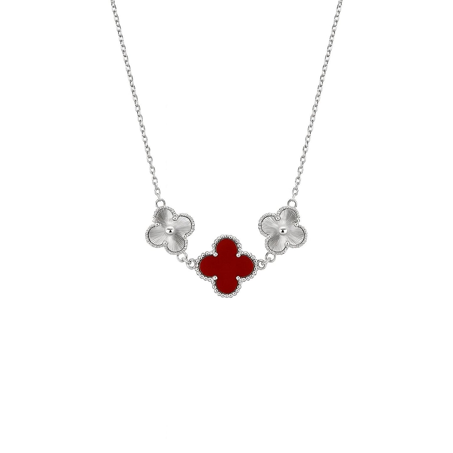 🌹 Premium Pure Silver 925 Clover Necklace with Red Stone & Floral Design ✨