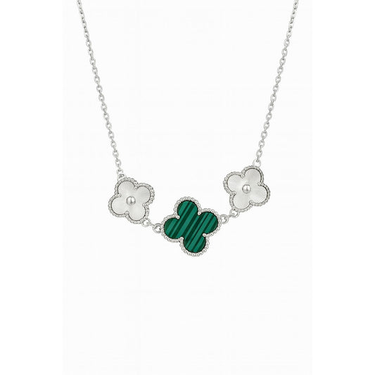 🍀 Premium Pure Silver 925 Clover Necklace with Malachite & Floral Design ✨