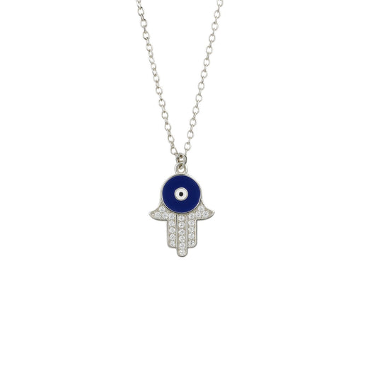 ✨ Premium Pure Silver 925 Hamsa Hand Necklace 🧿 | Blue Evil Eye & Crystal Shine