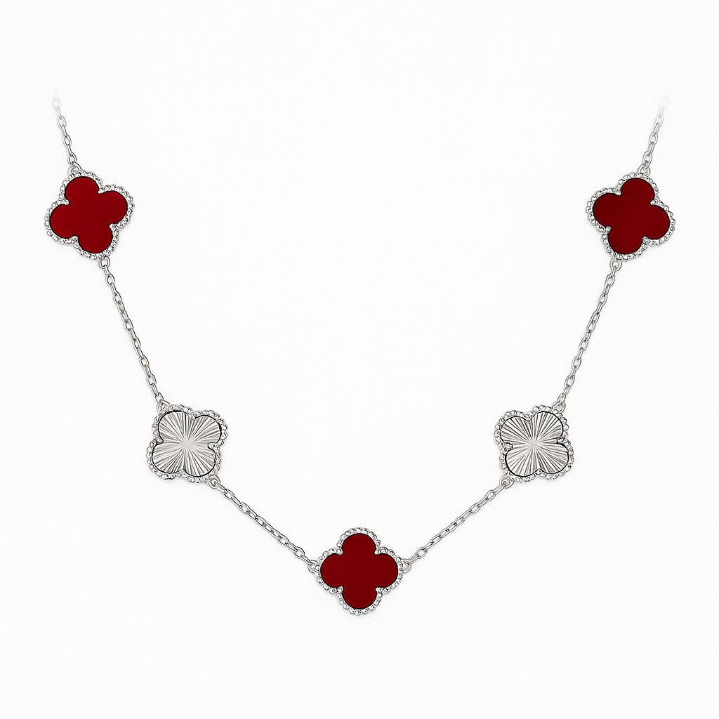 ❤️✨ 5 Clover Necklace – Red & Silver Design in Pure 925 Sterling Silver 🍀